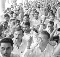 Members of the Haryana Tourism Karamchari Sangh raise slogans against the state government outside the office of Haryana Tourism, Sector 17, Chandigarh, on Tuesday.
