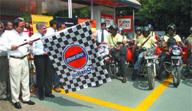 Union petroleum minster Murli Deora flags off a motor cycle expedition to Daulat Beg Oldi (DBO) in Ladakh in the Capital