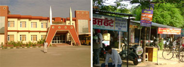 An ultramodern Suvidha Centre (left) and kiosks of stamp paper vendors present two faces of district administrative complex, Nawanshahr.