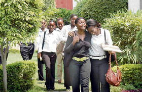 Students from Tanzania share some light moments at the PCTE in Ludhiana on Wednesday.