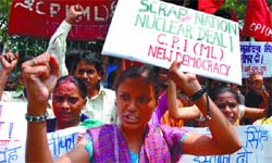CPI (ML) activists protest against the Indo-US nuclear deal in the Capital on Thursday.