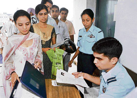 Candidates registering for selection at the fast track selection procedure for entry as officers in the IAF at the Air Force Station in Chandigarh on Saturday.