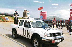 UNIFIL Commander, Maj Gen Claudio Graziano reviews a parade of the 15 Punjab in Lebanon to commemorate its 302nd anniversary