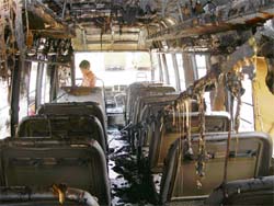 The college bus (HR-68-7502) that was completely burnt after it caught fire due to a short-circuit near showrooms of pocket no. 8 in Mani Majra on Sunday. The bus, which used to ferry students of Swami Devi Dayal College, Barwala, had no one on board at the time of the incident.