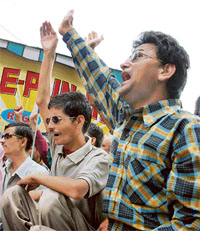 Members of the National Federation for Blind, Himachal, protest in support of their demands in Shimla on Sunday. 
