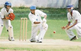 Chandigarh batsman plays a shot against Bhiwani bowler during a Haryana inter-district (u-15) league match at Government Model Senior Secondary School-19 in Chandigarh