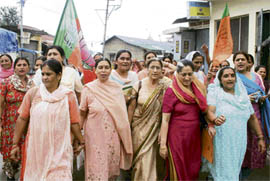 A view of the rally organised by BJP women workers led by Kangra district unit president Malvika Pathania (third from right) against the Congress government at Dharamsala on Monday.