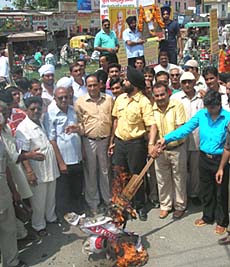 Activists of NIFAA and other organisations burn the effigy of the chairman of Godfrey Philips, a tobacco company, in Karnal on Monday.