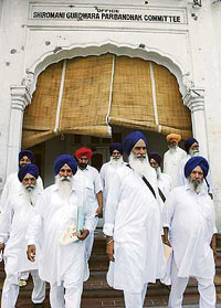 Members of the SGPC from Haryana come out of the committee office in Amritsar on Monday.