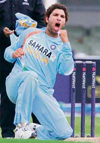 Yuvraj Singh celebrates after claiming the wicket of Owais Shah during their one day international at Edgbaston, Birmingham, England