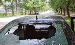 The car whose rear windshield was broken by miscreants on Wednesday morning at hostel no 4 of Panjab University in Chandigarh