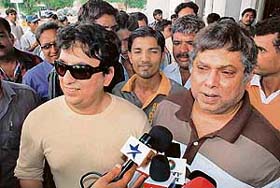 Film director David Dhawan (right) and producer Sajid Nadiadwala arrive at Jodhpur airport to meet Salman Khan