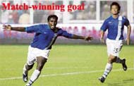 Pradeep celebrates after scoring a goal against Syria during the final.