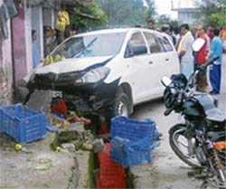 A drunk driver hit a vegetable shop with his car at Sakoh, near Dharamsala, early on Friday, injuring two persons.