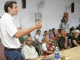 French hitch-hiker Ludovic Hubler makes a point while interacting with students of Government College, Sector 46, in Chandigarh on Saturday.