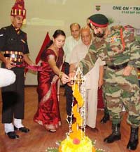 Lieut-Gen A.S. Sekhon, GOC 15 Corps, and Jammu and Kashmir minister of health and medical education Mangat Ram Sharma inaugurate a programme at the trauma centre, 92 Base Hospital, in Srinagar 