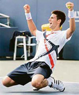 Serbias Novak Djokovic celebrates after beating Czech Republics Radek Stepanek in the second round of the US Open in New York on Friday.
