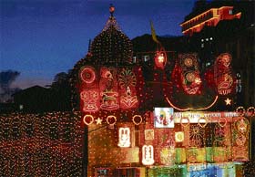 A view of a temple illuminated for Janmashtami celebrations in Shimla