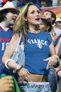 This file pictured dated July 1, 2006 shows the wife of Thierry Henry, Claire Merry, aka Nicole Merry, during the quarter-final World Cup football match between Brazil and France at Frankfurt's World Cup Stadium