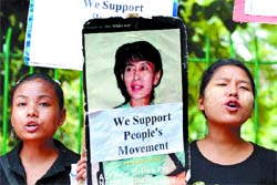 Activists of Myanmar Pro-Democracy Groups shout slogans against the country's military regime during a demonstration in the Capital on Tuesday. 