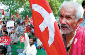 Activists of the Communist Party of India (CPI) shout anti-US slogans as they protest against the 'Joint Naval Exercise' with the US, Japan, Australia and Singapore, in the Capital on Wednesday. 