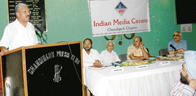 A.J. Philip, senior associate editor, The Tribune, delivers a talk on violence against media in South Asia at the Press Club in Chandigarh on Saturday.