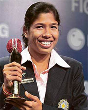 Jhulan Goswami holds the trophy after she was named the Womens Cricketer of the Year during the ICC Awards ceremony.