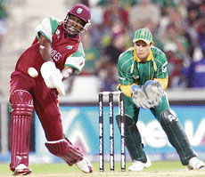 West Indies batsman Chris Gayle plays a shot off South African bowler Graeme Smith during the ICC Twenty20 Cricket World Cup opening match at Wanderers in Johannesburg on Tuesday.