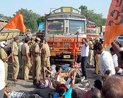 Supporters of the Ram Setu Suraksha Manch block NH-1 in Karnal on Wednesday.