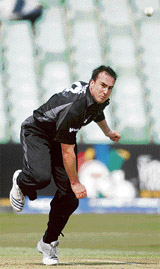 New Zealand's Mark Gillespie bowls to Kenya's Jimmy Kamande during their ICC World Cup Twenty20 cricket match in Durban on Wednesday.