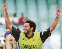 Shahid Afridi celebrates his fourth wicket of Scotland's batsman Colin Smith (not seen in the picture) in the Twenty20 World Championship at the Kingsmead stadium in Durban. Afridi took 4 for 19 in four overs and was declared Man of the Match.