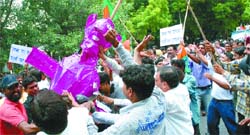 BJP activists take out their anger against the Ram Sethu Samudram Shipping Canal Project in the Palk Strait between India and Sri Lanka on the effigy of Congress president Sonia Gandhi in the Capital on Friday