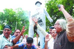 Members of various Kashmiri Pandit organisations burn an effigy of terrorism to mark 'Samohik Balidan Divas' in the Capital on Friday.