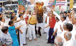 Activists of the BJP burn an effigy of the central government in Karnal on Friday in protest against the move to demolish Ram Setu.