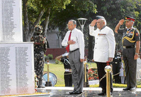 Punjab Governor Gen S.F. Rodrigues (left), Jammu and Kashmir Governor, Lt-Gen S.K. Sinha and the General Officer Commanding-in-Chief, Western Command, Lt-Gen Daljeet Singh pay tributes at the Veer Smriti war memorial to mark the diamond jubilee of the Western Command at Chandimandir on Saturday