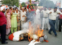BJP activists burn effigy of Sonia Gandhi and PM Manmohan Singh in Jalandhar on Saturday.