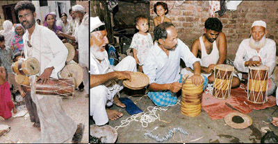 A dholak seller with his product, and (R) artisans making the instrument at Chandigarhs Mauli Jagran colony.Photos by Parvesh Chauhan