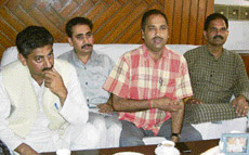 State BJP president Jairam Thakur (third from left) addresses a press conference at Nurpur on Saturday.