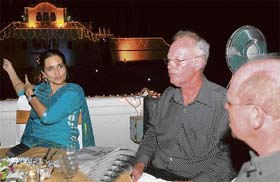 Kiran Chaudhary, tourism minister, Haryana, explains a point to UNESCO team member Dr Robert Leen, (centre) and E.V. Walker during their visit at Yadavindra Gardens, Pinjore, on Sunday night