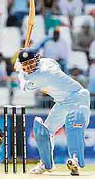 Virender Sehwag plays a shot during the ICC Twenty20 Cricket World Cup game in Johannesburg on Sunday