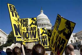 Anti-war demonstrators rally in front of the US Capitol, calling for an end to the war in Iraq, in Washington