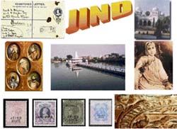 Postage stamps and postage covers and pictures showing different spellings of Jind during different periods of time. 