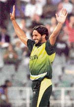 Pakistans Shahid Afridi celebrates on taking the wicket of Sri Lankas Chamara Silva during the Twenty20 match in Johannesburg. 