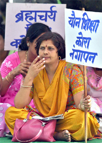 Members of the Shiksha Sanskriti Utthan Nyas demonstrate against sex education in schools in front of the Delhi Vidhan Sabha in the Capital on Tuesday.