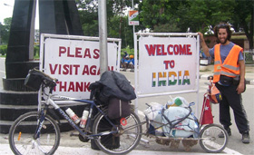 Patrick Goni Diaz who is cycling around the world for fostering integration in the Capital on Tuesday.