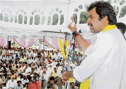 Congress MP Kuldip Bishnoi addresses a workers meeting at the Railway Ground in Kalka on Tuesday.
