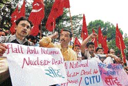 CITU workers hold a protest against the Indo-US nuclear deal in front of the DC's office in Shimla on Wednesday.