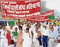 Activists of the Sarva Karamchari Sangh protest against government policies in Karnal on Wednesday