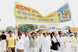 Members of the Maharana Pratap Smriti Bhavan Samiti stage a protest in Karnal on Thursday against the desecration of Maharana Prataps statue in Jullana