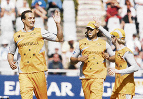 Australias Stuart Clark (left) celebrates with team-mates Andrew Symonds (centre) and Michael Clarke after taking the wicket of Sri Lankas Tillekaratne Dilshan during the Twenty20 World Cup match in Cape Town on Thursday. 